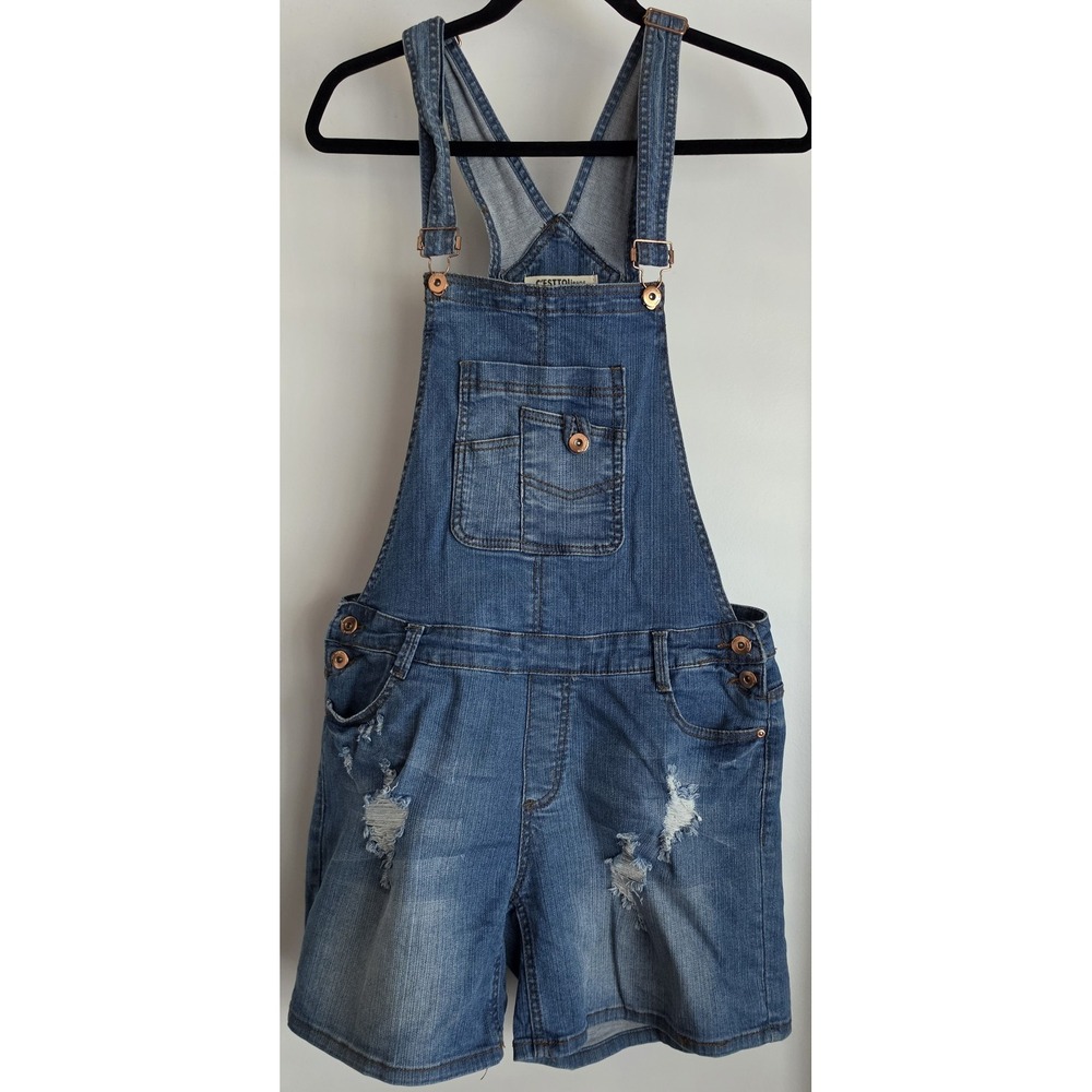 C'Est Toi Jeans Women's Blue Denim Overalls Size L Cotton Blend Short Inseam
